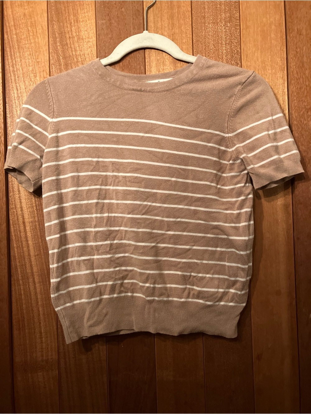 Short Sleeve Crewneck Stripe Tee in Light Taupe